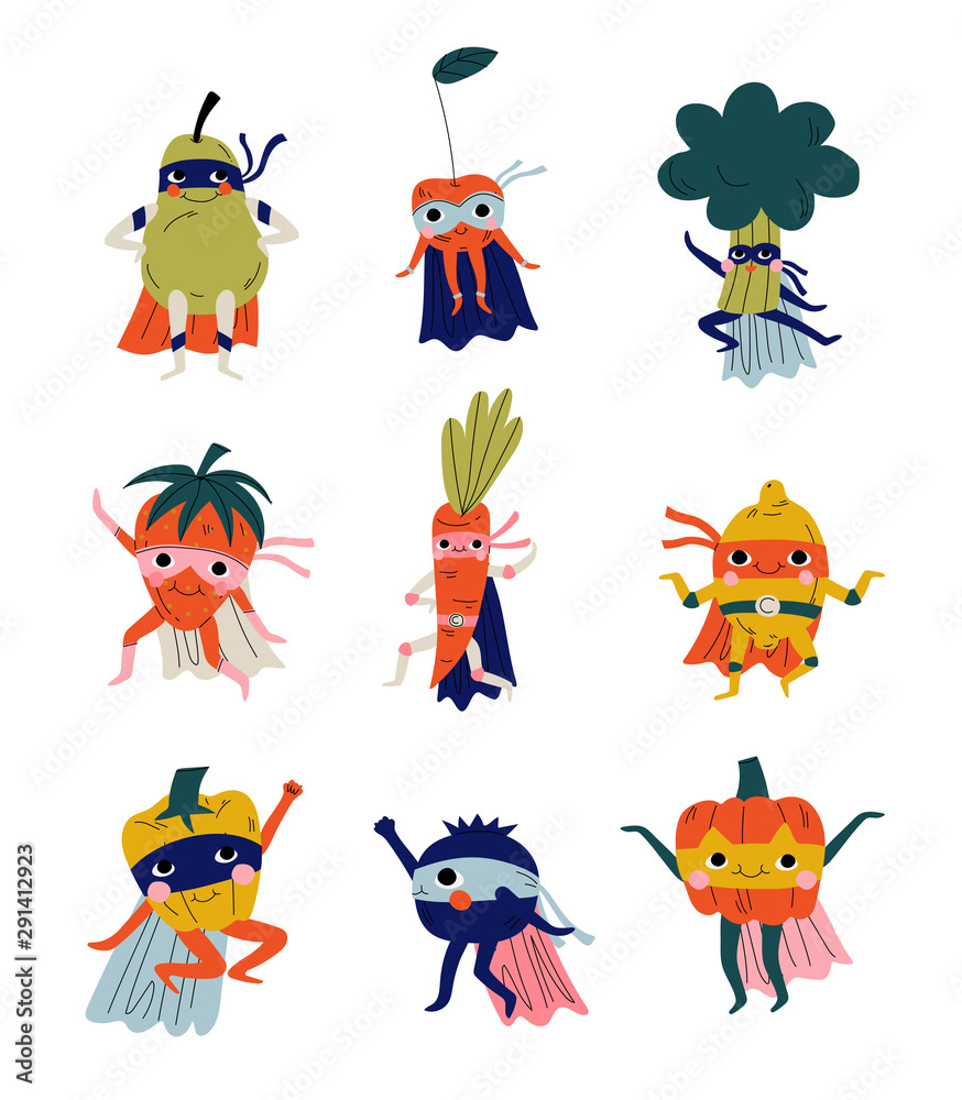 Obraz premium Collection of Funny Superhero Fruits and Vegetables Cartoon Characters in Masks and Capes Vector Illustration
