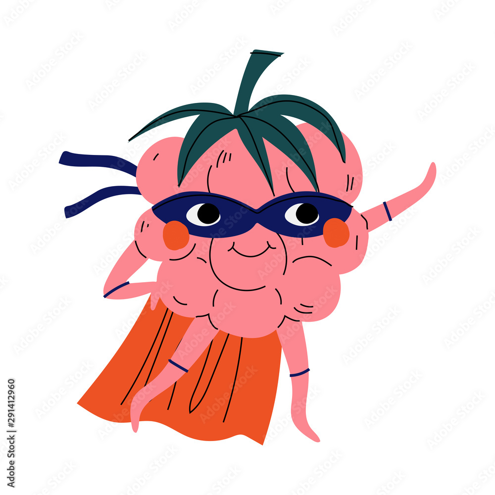 Cute Superhero Raspberry in Mask and Cape, Funny Berry Cartoon Character in Costume Vector Illustration