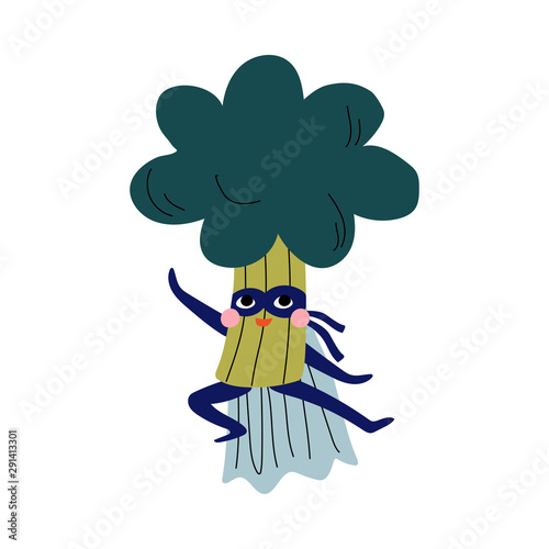 Cute Superhero Broccoli in Mask and Cape, Funny Vegetable Cartoon Character in Costume Vector Illustration