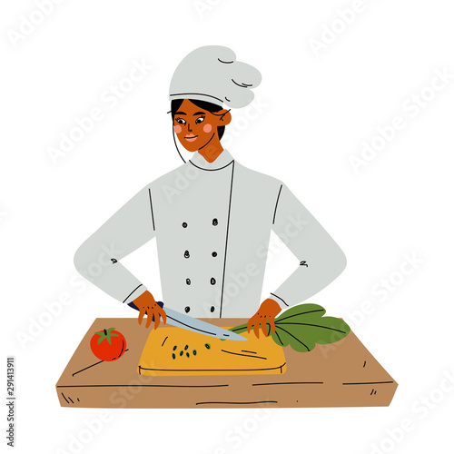 Professional Female Chef Cooking Vegetables, Kitchener Character Wearing Classic Traditional White Uniform Working in Restaurant or Cafe Vector Illustration