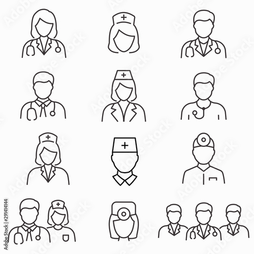 Doctor and Nurse line icons set. Black vector illustration. Editable stroke.