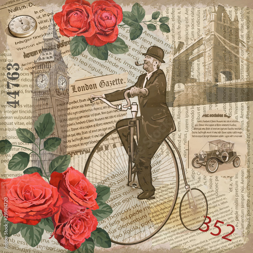 Vintage poster London torn newspaper background.Gentleman riding a bike.