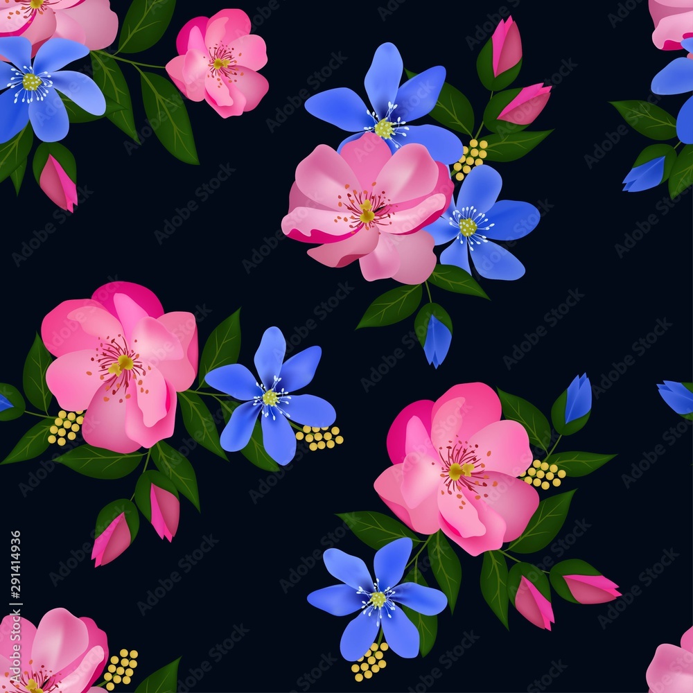 Seamless pattern with blooming pink rose flower