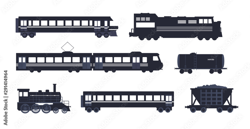 Vintage train silhouette collection. Railway locomotive, wagons silhouette with passengers, freight, cisterns vector illustration isolated on white background.