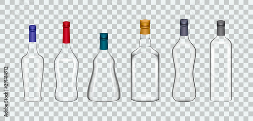 Transparent realistic templates glasses bottles mock up: wine, cognac, whiskey, vodka, tequila, champagne, beer, martini, liquor. Glass package mockup alcoholic beverage on background vector