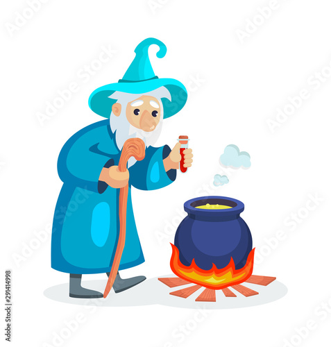 Wizard male character, mage, a sorcerer in a mantle and hat. Warlock adds magic potion in a cauldron. Concept of magic and witchcraft. Wizard male cartoon vector illustration isolated.