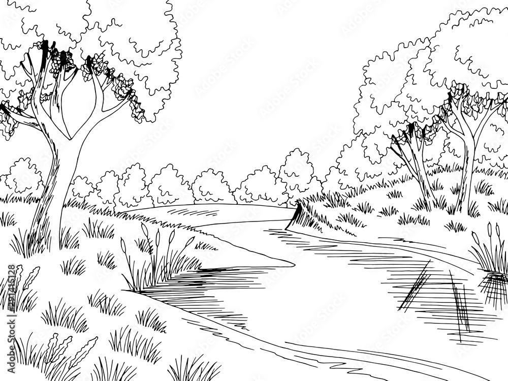 Forest river graphic black white landscape sketch illustration vector