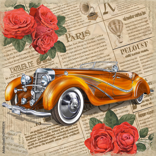 Retro car on vintage newspaper background.