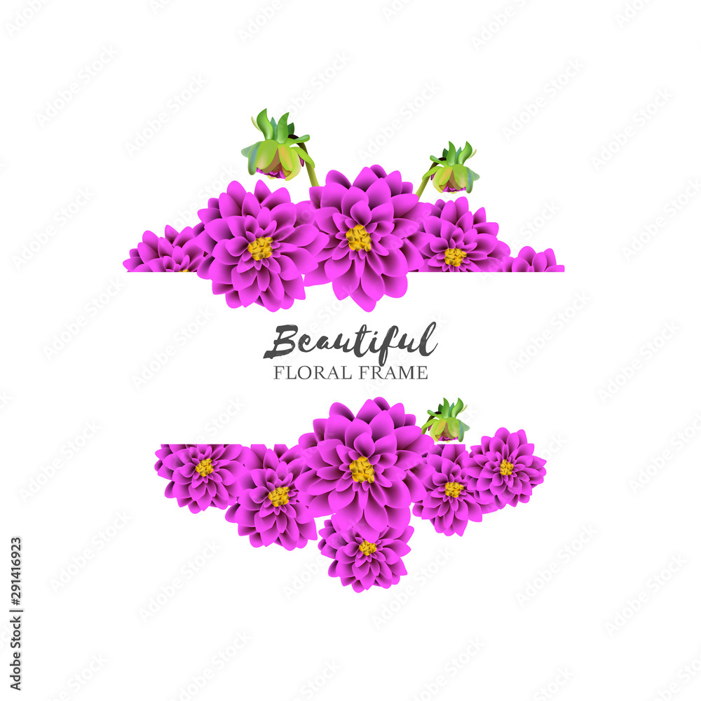 Floral frame with purple dahlia flower bouquet