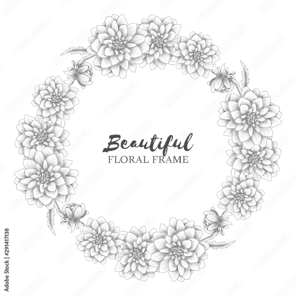 Sketch hand drawn of dahlia flower circle frame Sketch hand drawn of dahlia flower circle frame