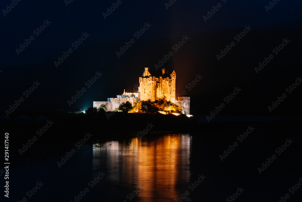 Dornie, Scotland; August 26th 2019: Eilean Donan Castle during the night