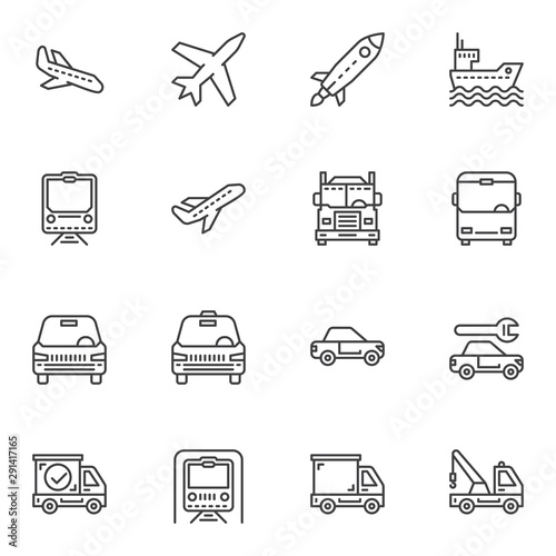 Transportation line icons set. linear style symbols collection, outline signs pack. vector graphics. Set includes icons as spaceship, airplane, railway train, taxi car, metro, delivery truck, ship