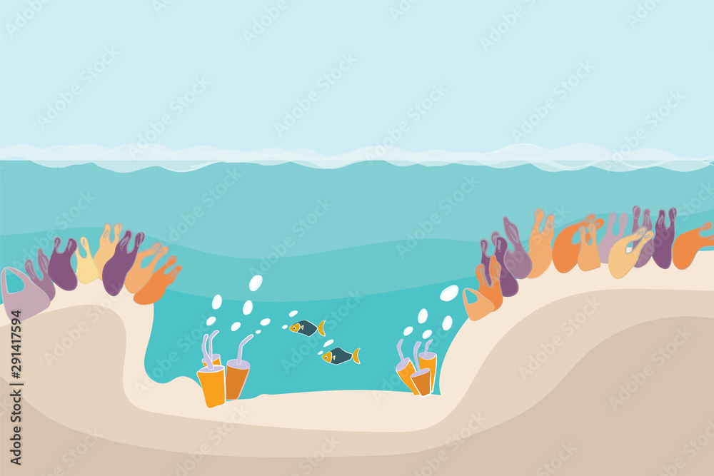 Obraz premium Plastic anemones and glasses under sea with fish, plastic pollution concept