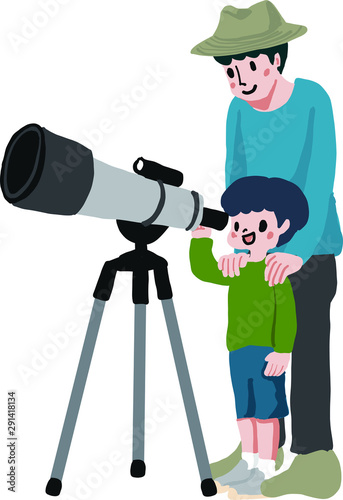 親子で天体観測するイラスト　背景なし