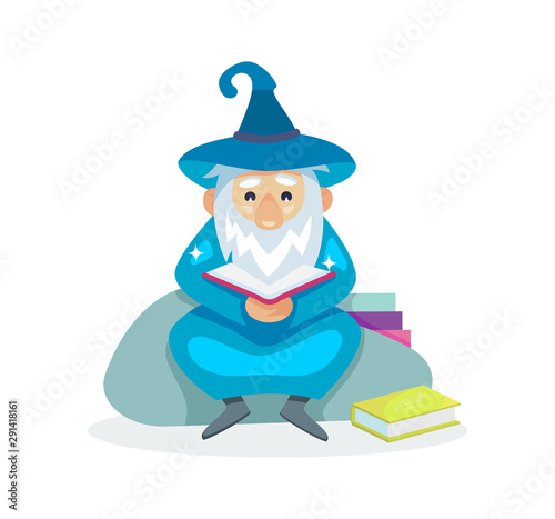 Wizard male character, mage, a sorcerer in a mantle and hat. Warlock with a book in his hands. Concept of magic and witchcraft. Wizard male cartoon vector illustration isolated.