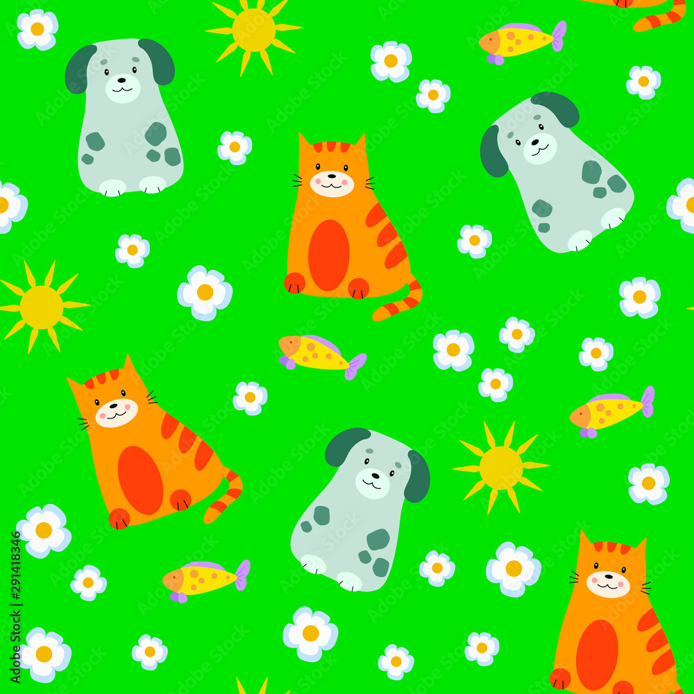 Kids seamless pattern with cats and dogs on green background. Pattern for fabrics, pillows, textiles, envelopes, covers