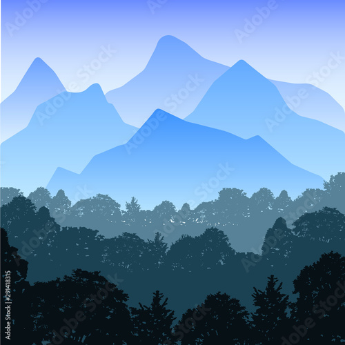 Realistic illustration of mountain landscape with hills and forest under blue sky. Suitable as a holiday or travel advertisement - vector EPS