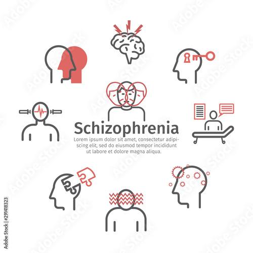 Schizophrenia banner. Symptoms, Treatment. Icons set. Vector signs for web graphics.