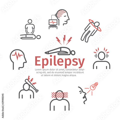 Epilepsy banner. Symptoms  Treatment. Line icons set. Vector signs for web graphics.