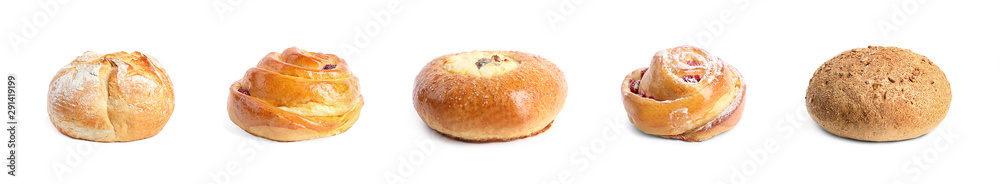 Set with different pastries on white background