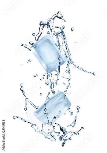 Crystal clear ice cubes and splashing water on white background