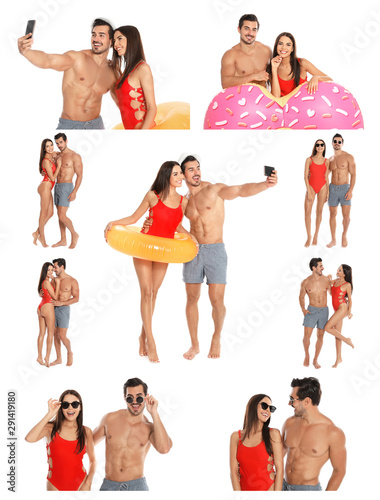 Collage of beautiful young woman in bikini with her boyfriend on white background. Lovely couple