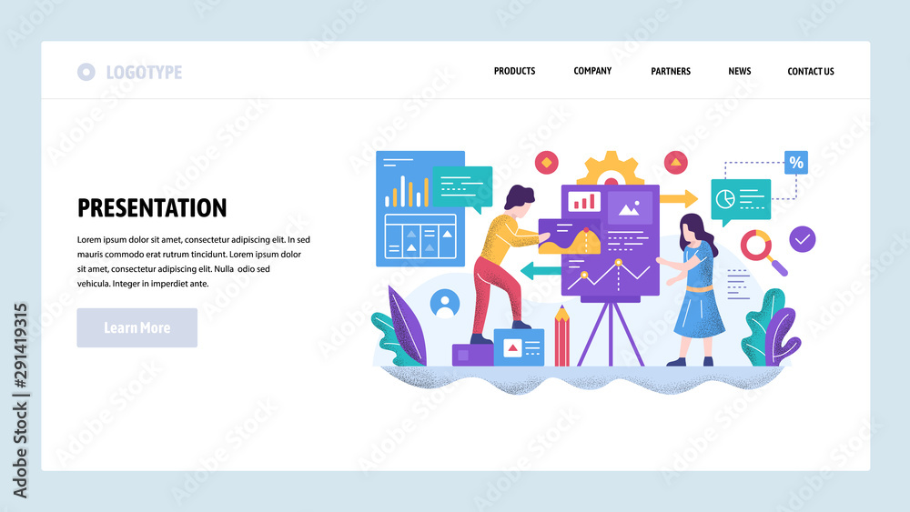 Vector web site design template. Business presentation and financial charts. Teamwork meeting. Landing page concepts for website and mobile development. Modern flat illustration