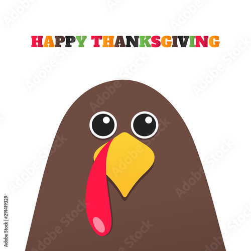 Happy thanksgiving day flat style design poster vector illustration with turkey and text. Turkey bird with colored feathers celebrate holidays.