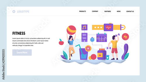 Vector web site design template. Fitness and healthy lifestyle. Couple working out in gym. Landing page concepts for website and mobile development. Modern flat illustration