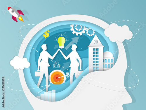 Paper cut business opportunities concept illustration. Businessman is searching the ability in brain with telescope. Paper art style vector illustration. Elements are layered separately in vector file