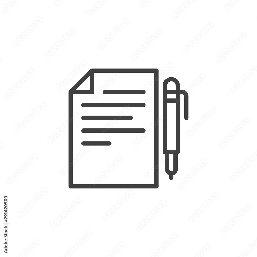 Pen and paper document line icon. linear style sign for mobile concept and web design. File document and pen outline vector icon. Symbol, logo illustration. Vector graphics Pen and paper document line icon. linear style sign for mobile concept and web design. File document and pen outline vector icon. Symbol, logo illustration. Vector graphics