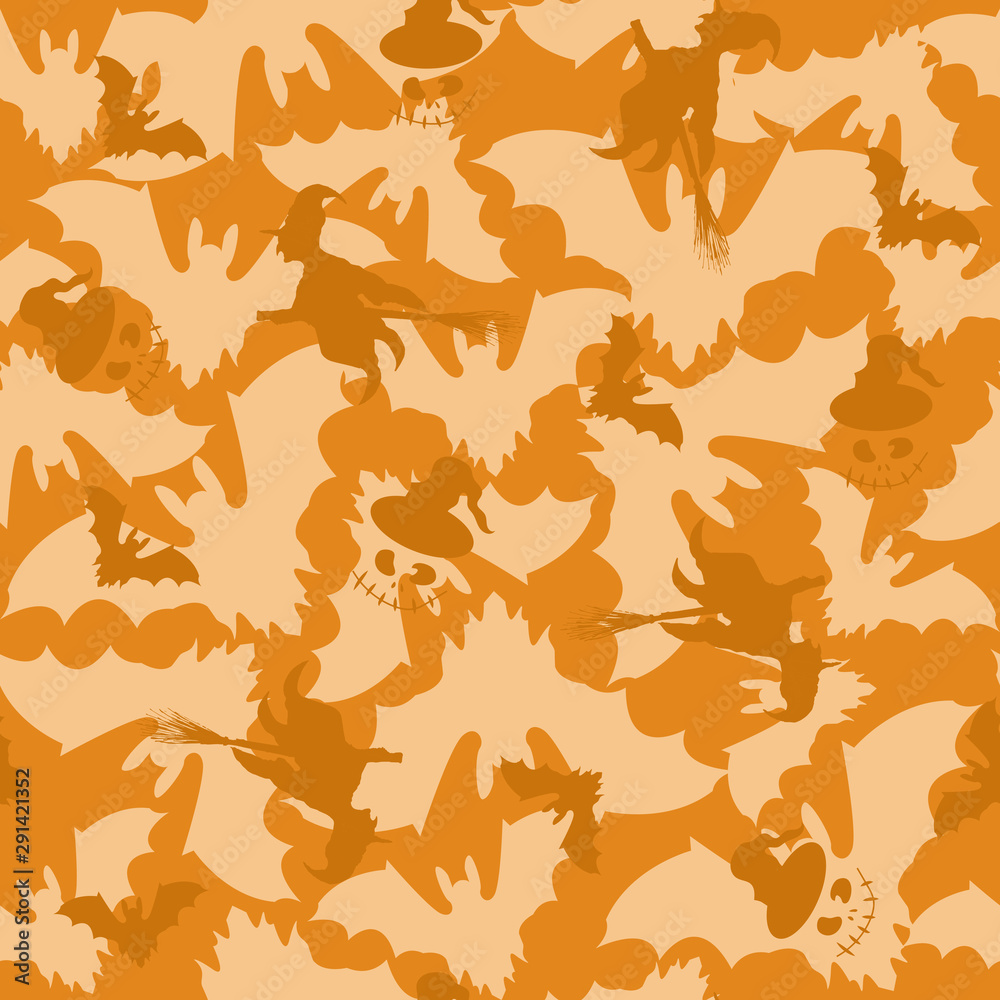 Halloween seamless pattern. Witches and bats on an orange background. Scary endless texture for fabric, paper. Halloween seamless pattern. Witches and bats on an orange background. Scary endless texture for fabric, paper.