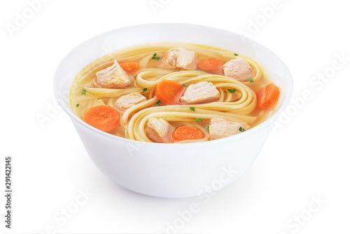 Chicken noodle soup isolated on white background. photo