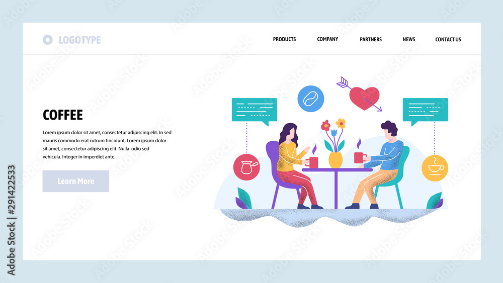 Vector web site design template. Couple on a date drinking coffee. Landing page concepts for website and mobile development. Modern flat illustration
