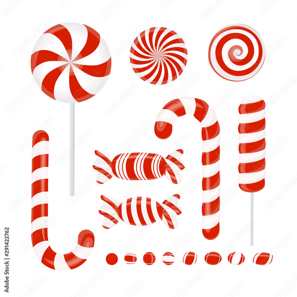 Vector set of red candies. Caramel, Lollipop, Lollipop, striped candy on white Vector set of red candies. Caramel, Lollipop, Lollipop, striped candy on white