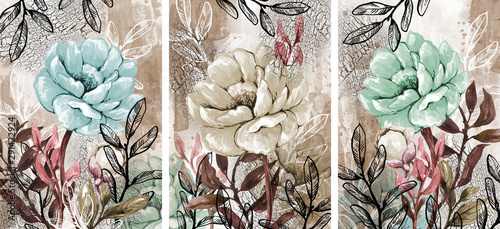 Triptych. Botanical illustration. Hand drawing. photo