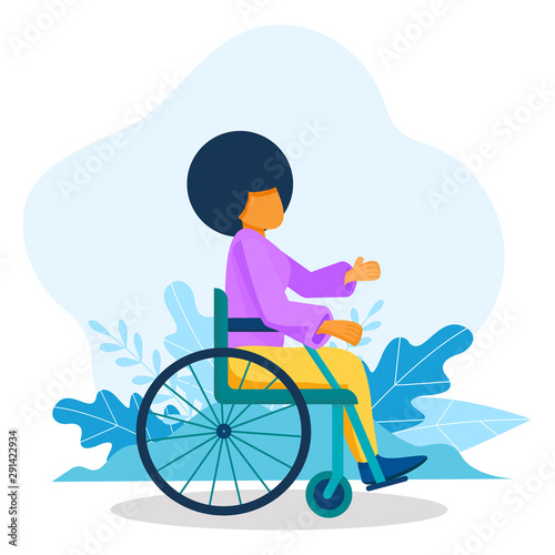 Young black woman sitting in wheelchair. African American woman living with disability, equal opportunities concept. Handicapped character.  Vector illustration