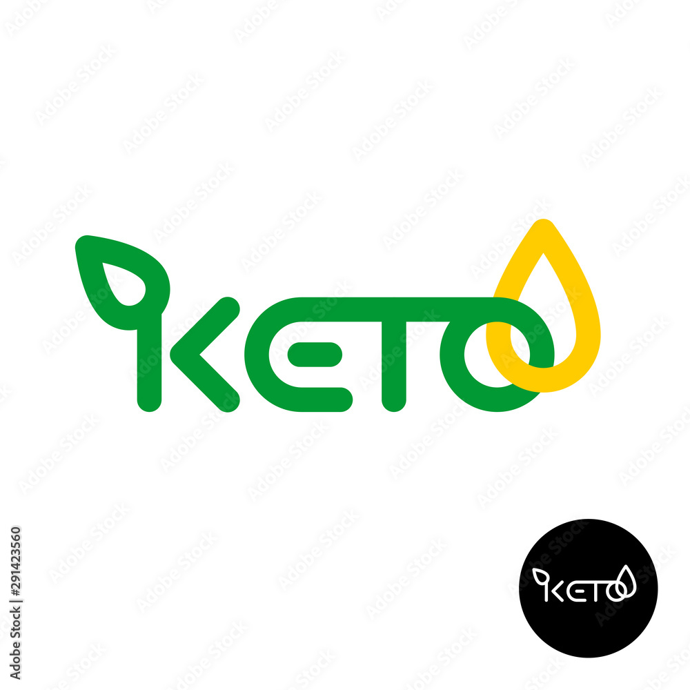 Keto logo. Ketogenic diet product symbol. Line style Keto word with green leaf and yellow oil fats. Text property sign. Keto logo. Ketogenic diet product symbol. Line style Keto word with green leaf and yellow oil fats. Text property sign.