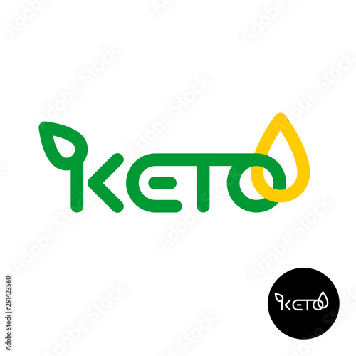 Keto logo. Ketogenic diet product symbol. Line style Keto word with green leaf and yellow oil fats. Text property sign.
