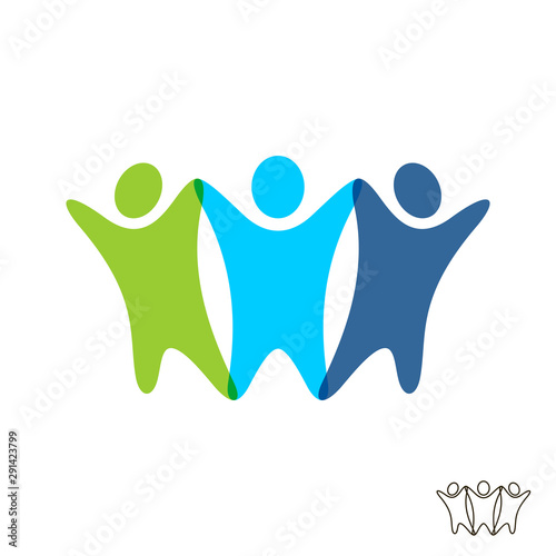 Winners logo. Happy motivated three people symbol. Community colorful icon.