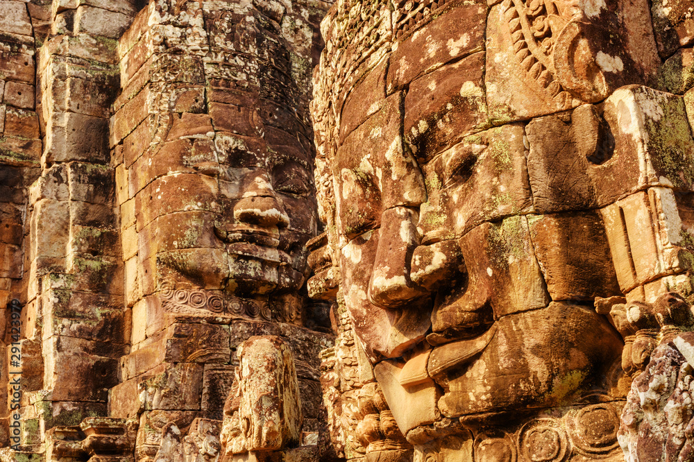 Scenic view of giant smiling stone faces of Bayon temple
