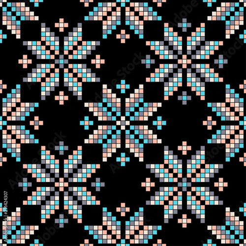 Seamless vector background with Norwegian snowflakes. Pixel snowflakes. Merry Christmas! Winter pattern. Can be used for wallpaper, textile, invitation card, wrapping, web page background.