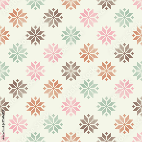 Seamless vector background with Norwegian snowflakes. Pixel snowflakes. Merry Christmas! Winter pattern. Can be used for wallpaper, textile, invitation card, wrapping, web page background.