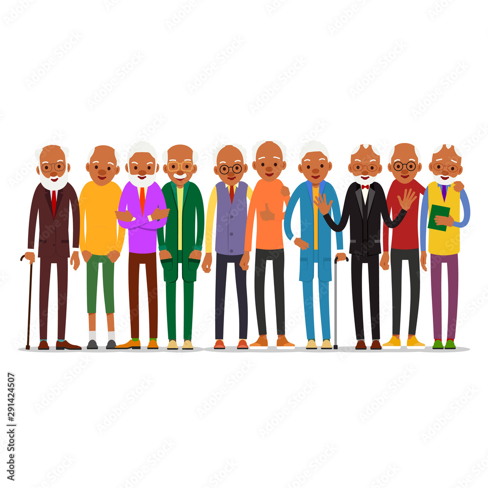 Group of attractive african old men. Older black seniors retired. Cute grandfather standing and smiling. Traditional retirement lifestyle. Cartoon illustration isolated on white background in flat Group of attractive african old men. Older black seniors retired. Cute grandfather standing and smiling. Traditional retirement lifestyle. Cartoon illustration isolated on white background in flat