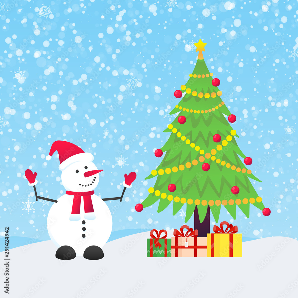 Snowman with christmas tree fir and present gifts with falling snow flat style design vector illustration. Merry christmas and happy new year symbols.