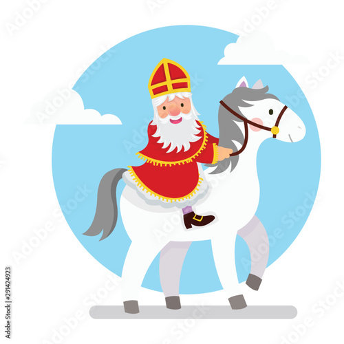 Illustration of Saint Nicholas riding his horse in white background
