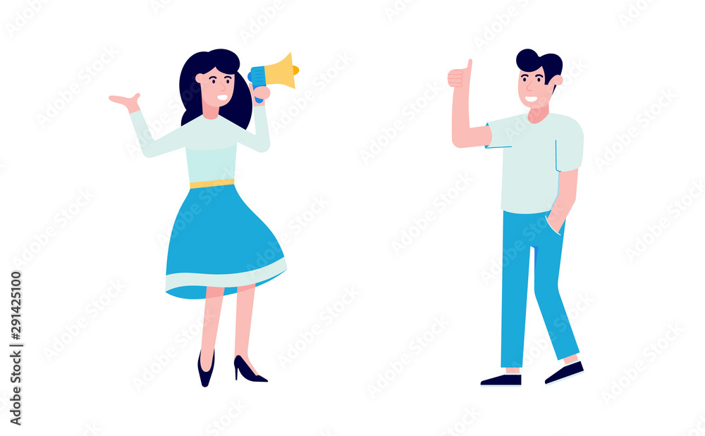 Business woman agitator with megaphone speaker shouting out to the man flat style design vector illustration isolated on white background. Refer a friend concept.