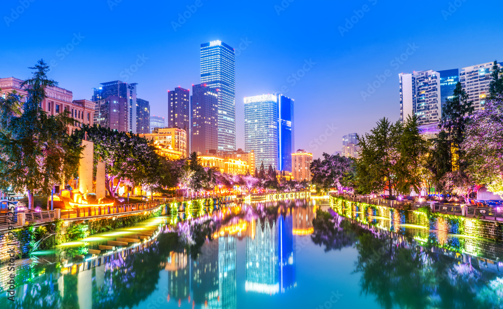 Nightscape Architectural Landscape of Chengdu City, Sichuan Province