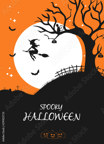 Halloween night banner with witch on broom full moon bat pumpkin and tree