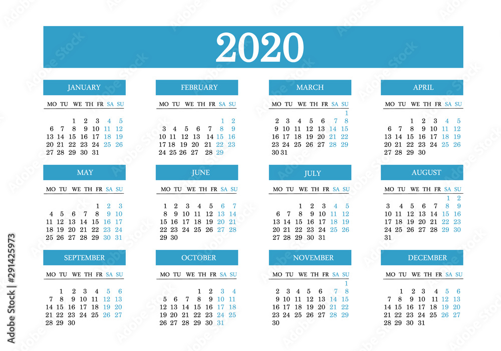 Simple calendar layout for 2020. The week starts on Monday. Vector Simple calendar layout for 2020. The week starts on Monday. Vector